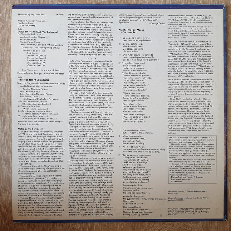 George Crumb ‎– Voice Of The Whale / Night Of The Four Moons - Vinyl LP Record - Very-Good+ Quality (VG+) - C-Plan Audio