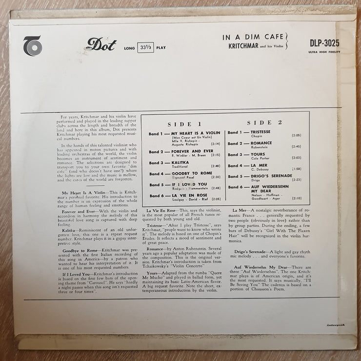 Kritchmar and His Violin ‎– In A Dim Cafe - Vinyl LP Record - Very-Good+ Quality (VG+) - C-Plan Audio