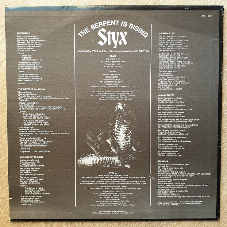 Styx ‎– The Serpent Is Rising -  Vinyl LP Record - Very-Good+ Quality (VG+) - C-Plan Audio