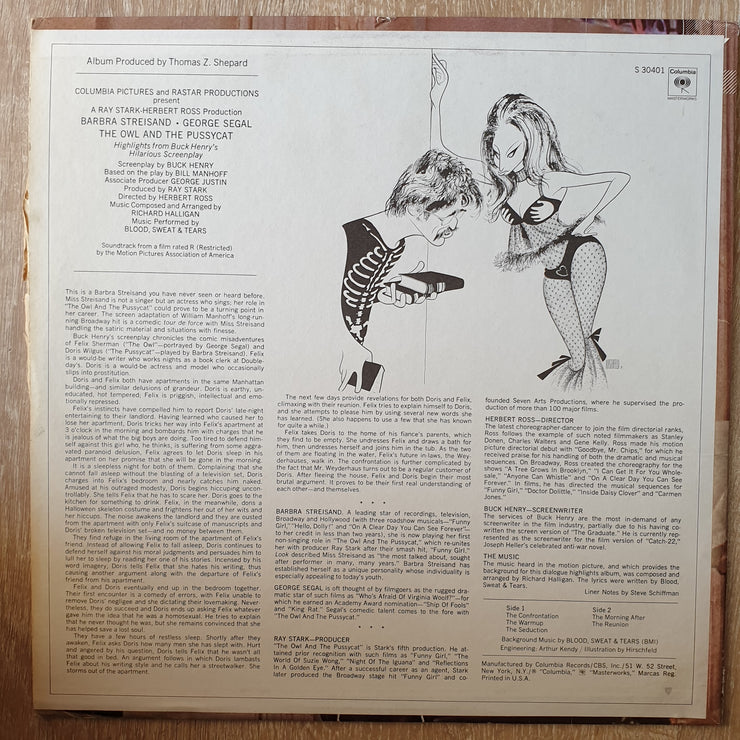 Blood, Sweat & Tears ‎– The Owl And The Pussycat (Original Soundtrack) -  Barbra Streisand, George Segal, - Vinyl LP Record - Opened  - Very-Good- Quality (VG-) - C-Plan Audio
