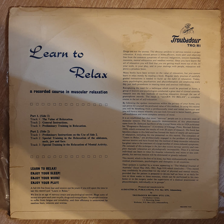 Learn to Relax Without Drugs or Hypnotism  ‎– Vinyl LP Record - Opened  - Good+ Quality (G+) - C-Plan Audio