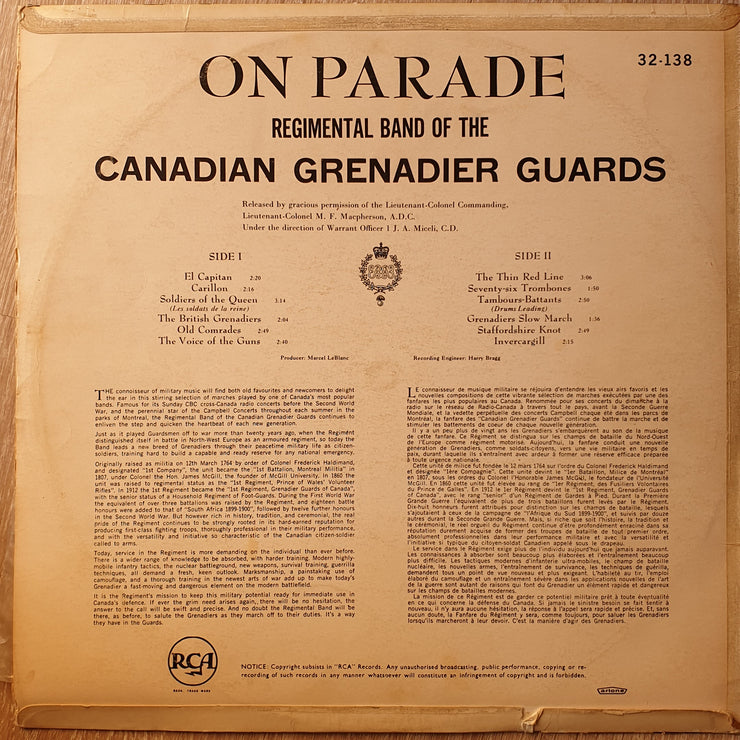 Canadian Grenadier Guards - Regimental Band Of The Canadian Grenadier Guards, Warrant Officer 1 J.A. Miceli, C.D. - Director ‎– On Parade -  Vinyl LP Record - Very-Good+ Quality (VG+) - C-Plan Audio