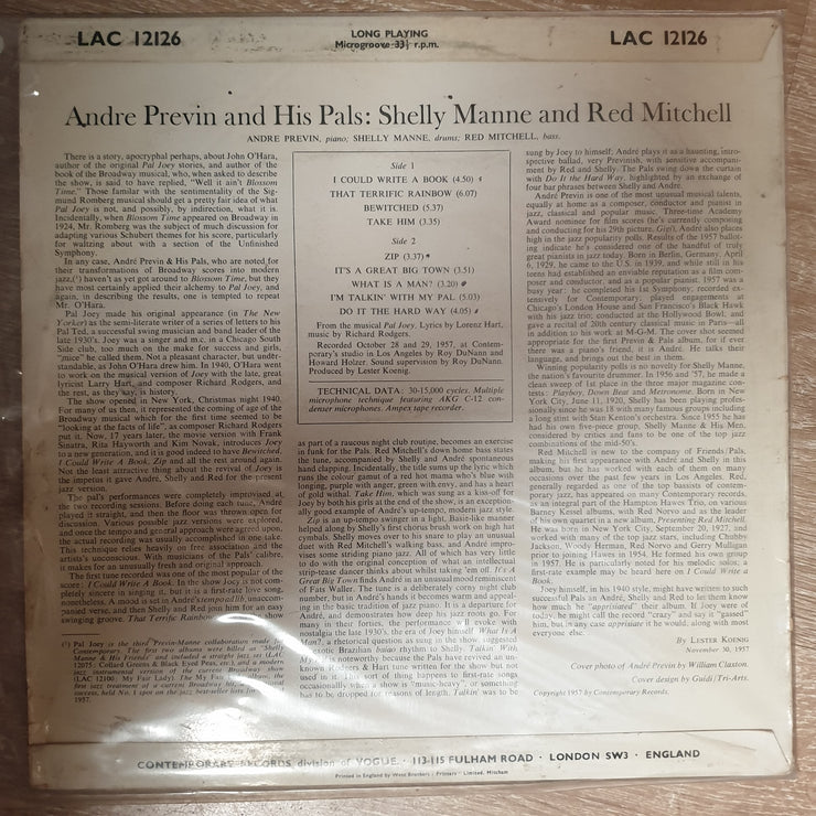 André Previn & His Pals ‎– Modern Jazz Performances Of Songs From Pal Joey- Vinyl LP Record - Opened  - Very-Good+ Quality (VG+) - C-Plan Audio