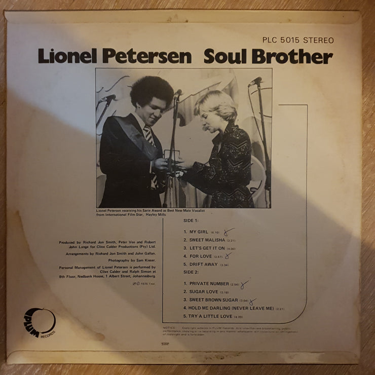 Lionel Petersen ‎– Soul Brother - Vinyl LP Record - Opened  - Very-Good+ Quality (VG+) - C-Plan Audio