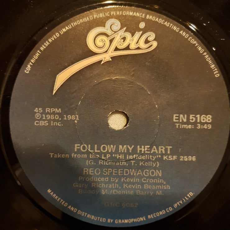 REO Speedwagon ‎– Keep On Loving You / Follow My Heart   - Vinyl 7" Record - Opened  - Very-Good Quality (VG) - C-Plan Audio