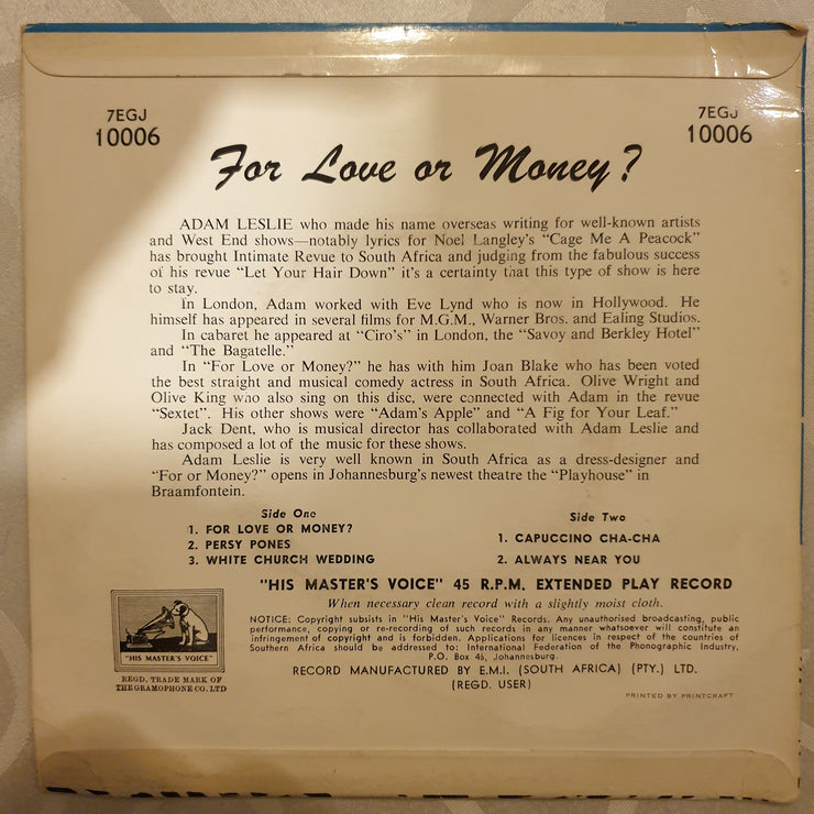 For Love Or Money - Adam Leslie/Jack Dent - Vinyl 7" Record - Very-Good+ Quality (VG+) - C-Plan Audio