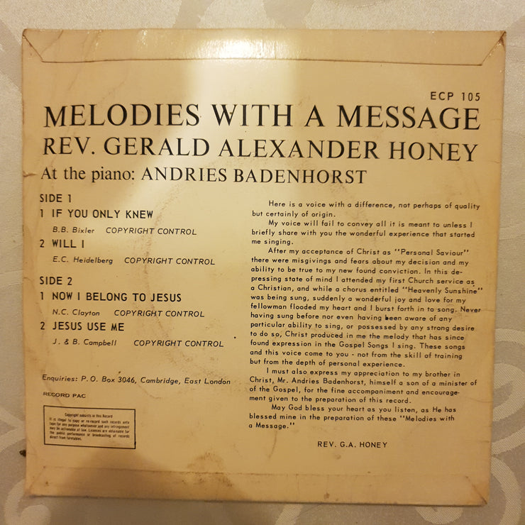 Melodies with a Message - Rev Gerald Alexander Honey with Andries Badenhorst  - Vinyl 7" Record - Opened  - Very-Good Quality (VG) - C-Plan Audio
