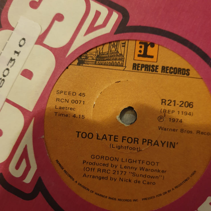 Gordon Lightfoot ‎– Sundown  - Vinyl 7" Record - Opened  - Very-Good Quality (VG) - C-Plan Audio