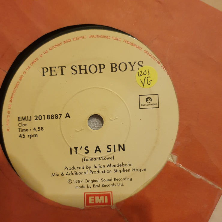 Pet Shop Boys ‎– It's A Sin  - Vinyl 7" Record - Opened  - Very-Good Quality (VG) - C-Plan Audio