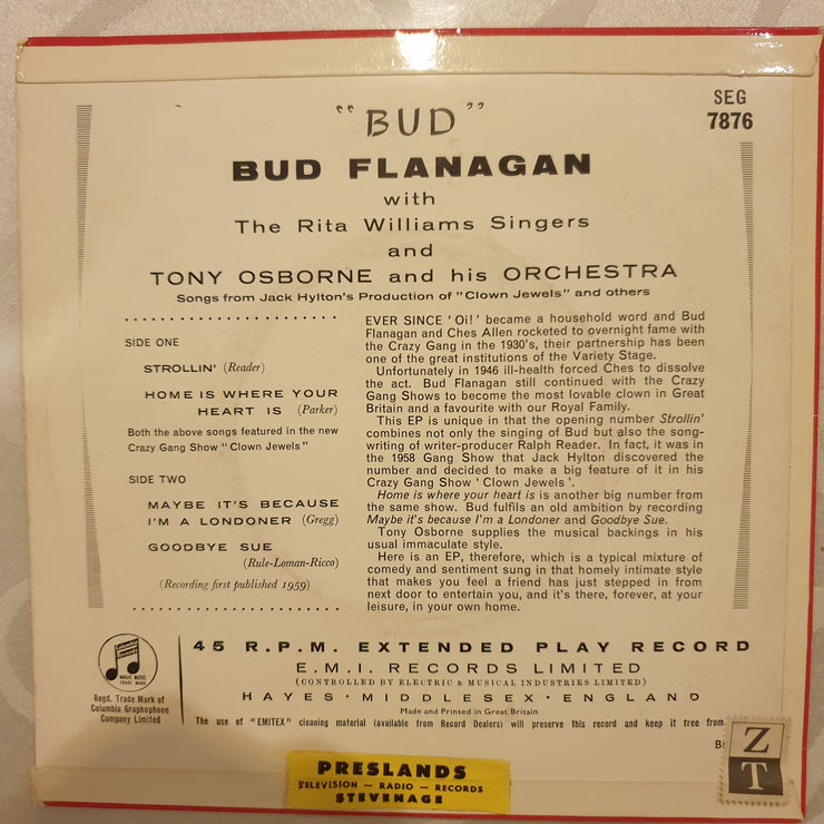Bud Flanagan With The Rita Williams Singers & Tony Osborne And His Orchestra ‎– Bud - Vinyl 7" Record - Very-Good+ Quality (VG+) - C-Plan Audio