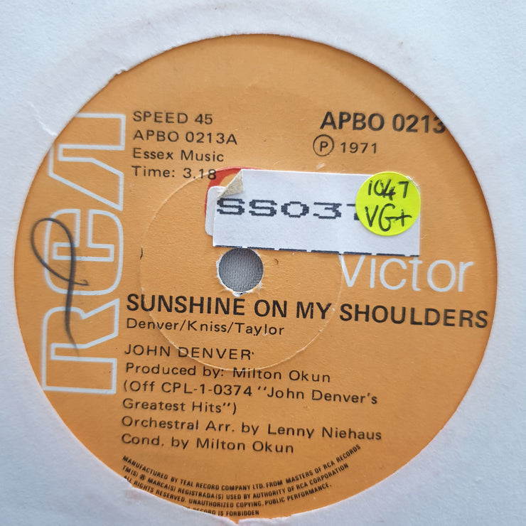 John Denver ‎– Sunshine On My Shoulders - Vinyl 7" Record - Very-Good+ Quality (VG+) - C-Plan Audio