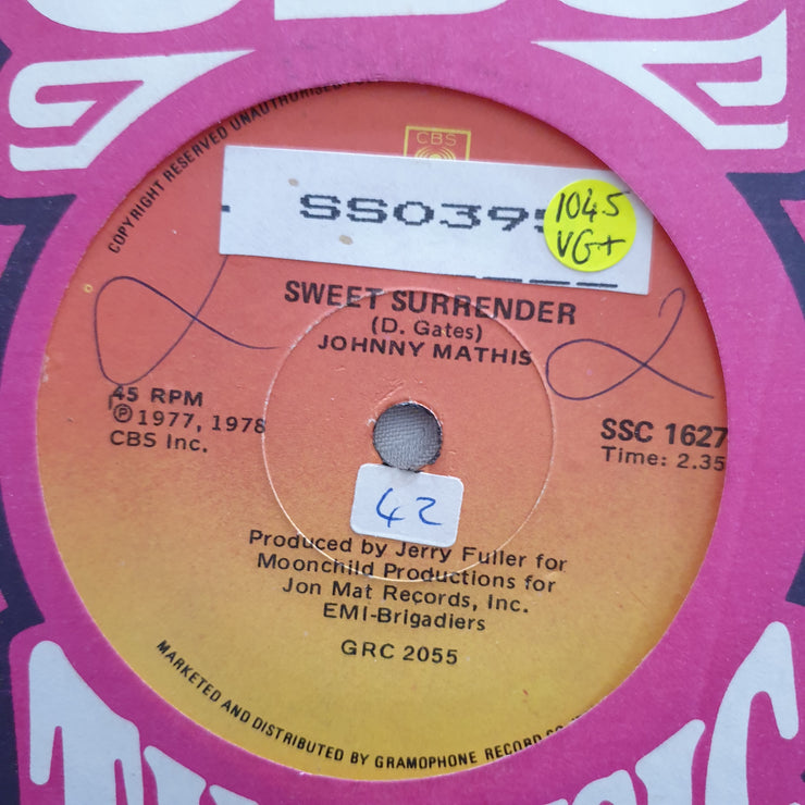 Johnny Mathis - Sweet Surrender - Vinyl 7" Record - Very-Good+ Quality (VG+) - C-Plan Audio