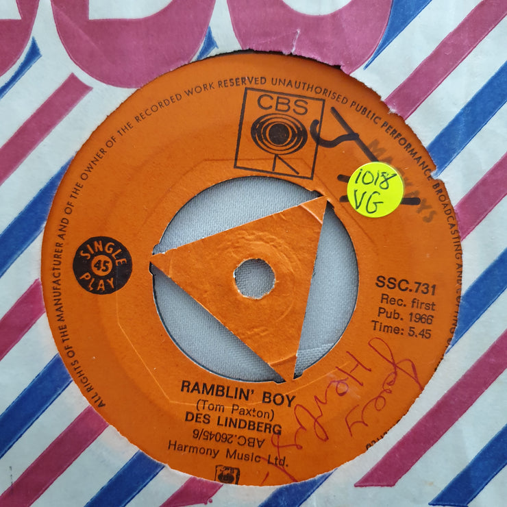 Des Lindberg ‎– Two Little Boys / Ramblin' Boy - Vinyl 7" Record - Opened  - Very-Good Quality (VG) - C-Plan Audio