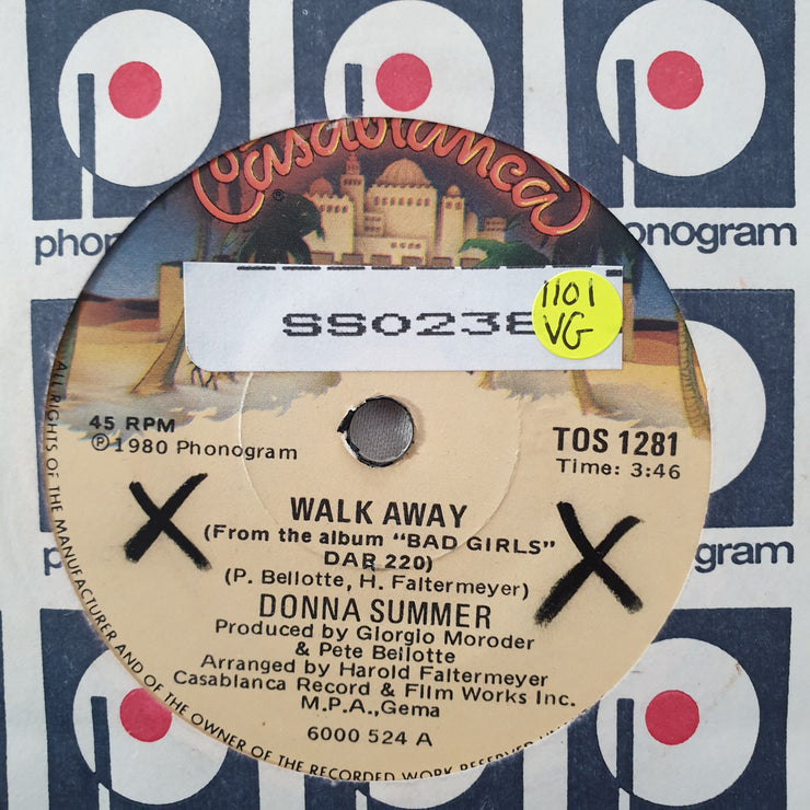 Donna Summer ‎– Walk Away - Vinyl 7" Record - Opened  - Very-Good Quality (VG) - C-Plan Audio