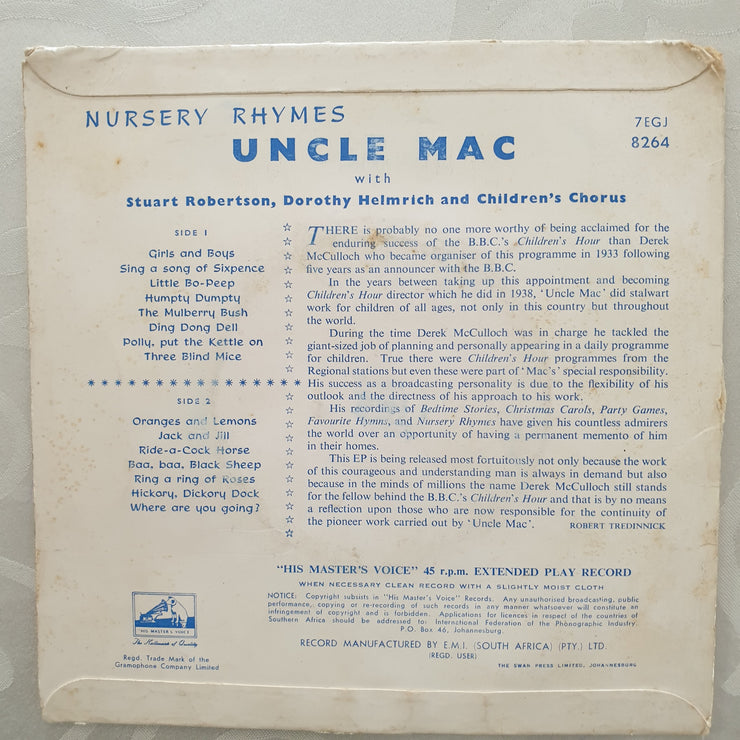 Uncle Mac's Nursery Rhymes - Vinyl 7" Record - Opened  - Very-Good Quality (VG) - C-Plan Audio
