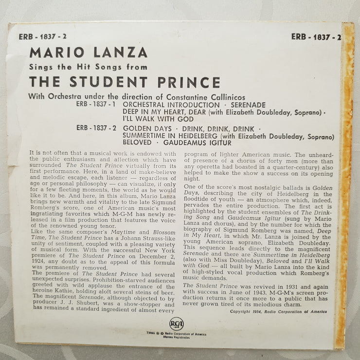 Mario Lanza ‎– Mario Lanza Sings The Hit Songs From The Student Prince - Vinyl 7" Record - Very-Good+ Quality (VG+) - C-Plan Audio