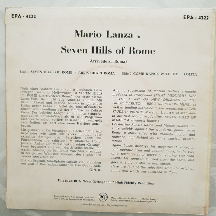 Mario Lanza ‎– Seven Hills Of Rome - Vinyl 7" Record - Very-Good+ Quality (VG+) - C-Plan Audio