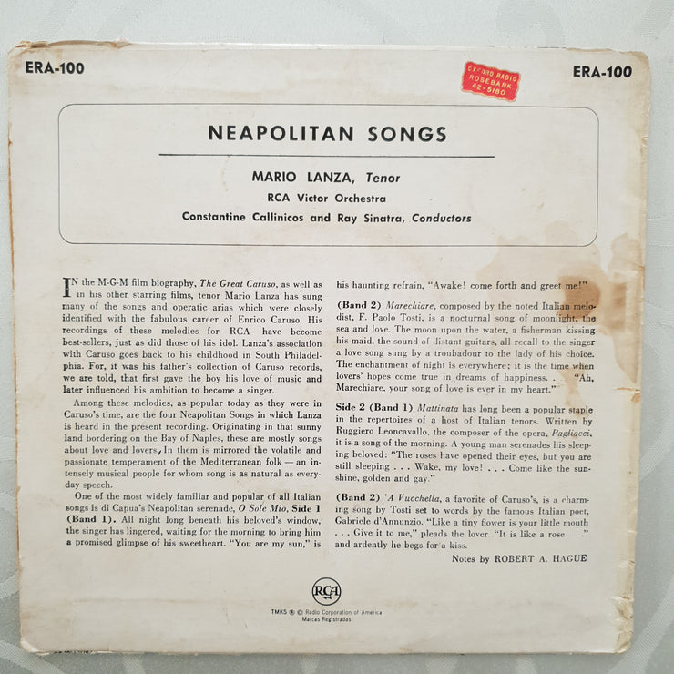 Mario Lanza ‎– Four Neapolitan Songs - Vinyl 7" Record - Very-Good+ Quality (VG+) - C-Plan Audio
