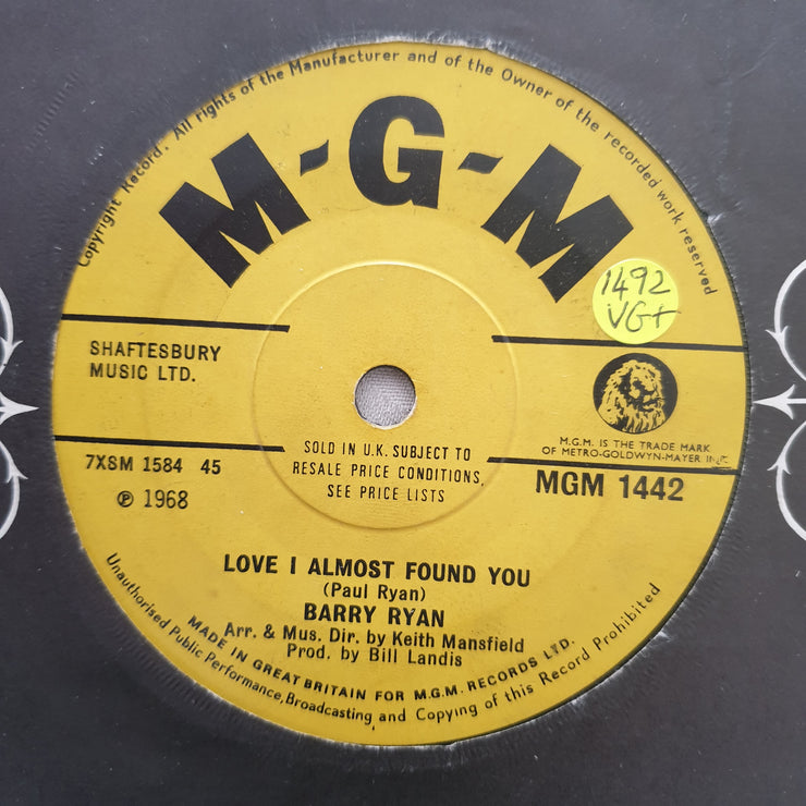 Barry Ryan ‎– Eloise - Vinyl 7" Record - Very-Good+ Quality (VG+) - C-Plan Audio