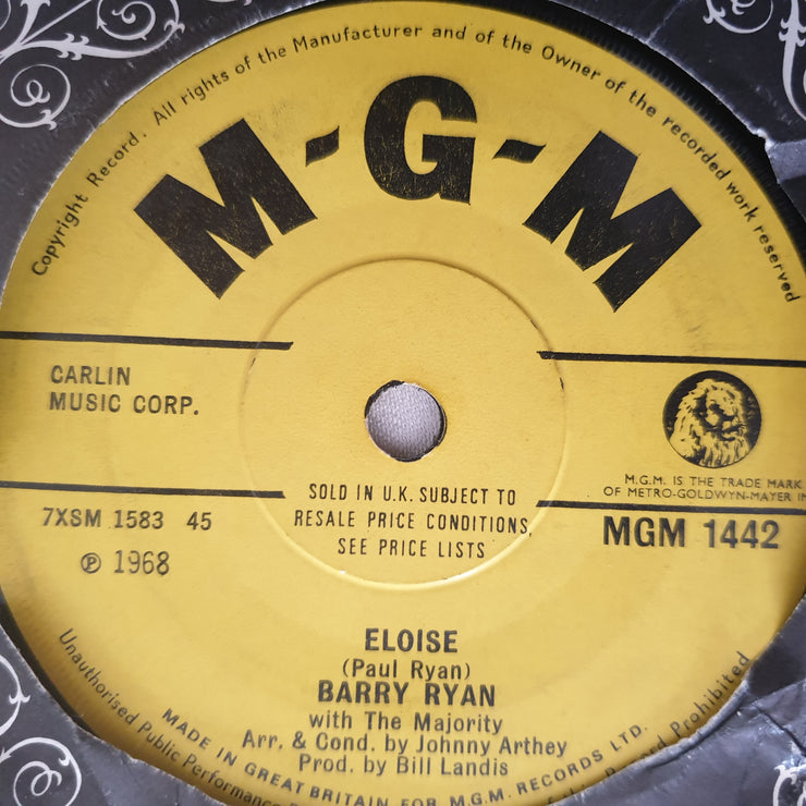 Barry Ryan ‎– Eloise - Vinyl 7" Record - Very-Good+ Quality (VG+) - C-Plan Audio