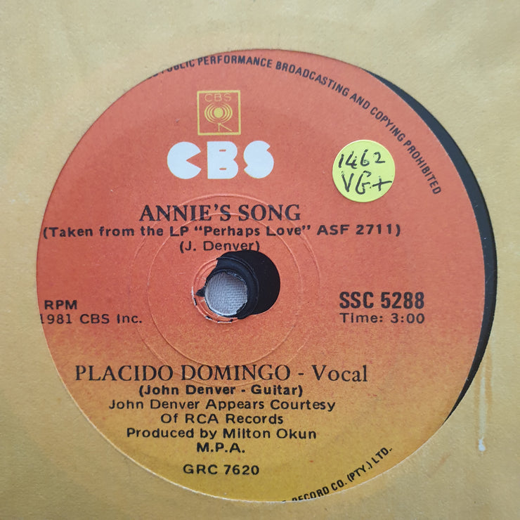 Placido Domingo And John Denver ‎– Perhaps Love / Annie's Song - Vinyl 7" Record - Very-Good+ Quality (VG+) - C-Plan Audio