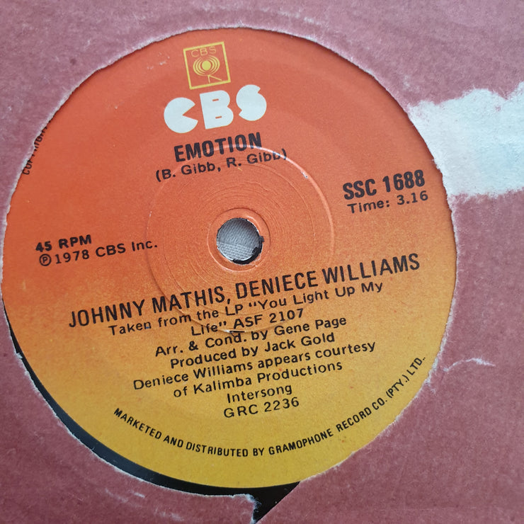 Johnny Mathis / Deniece Williams ‎– Too Much, Too Little, Too Late- Vinyl 7" Record - Opened  - Very-Good Quality (VG) - C-Plan Audio