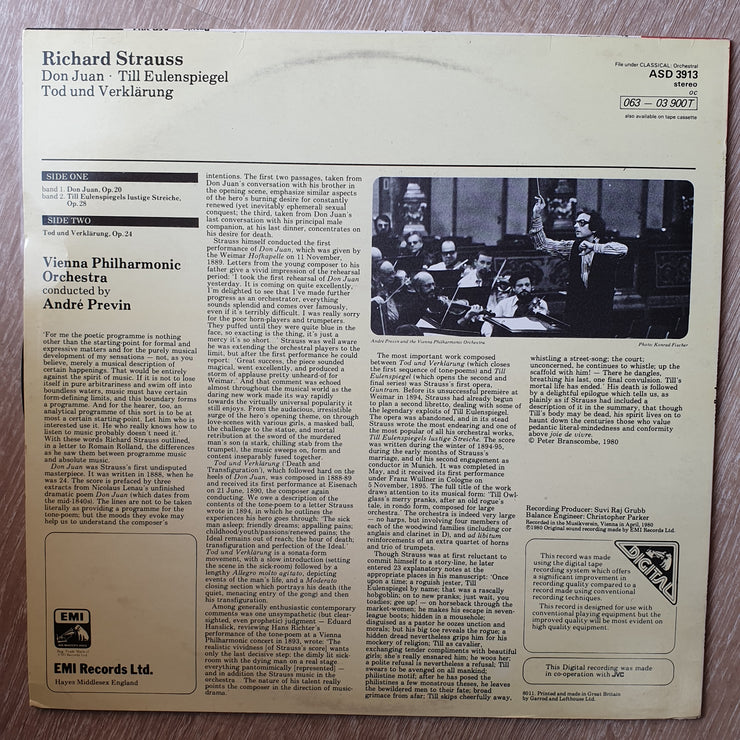 Richard Strauss - Vienna Philharmonic ‎– Conducted By André Previn - Till Eulenspiegel / Don Juan / Death And Transfiguration ‎– Vinyl LP Record - Opened  - Very-Good+ Quality (VG+) - C-Plan Audio