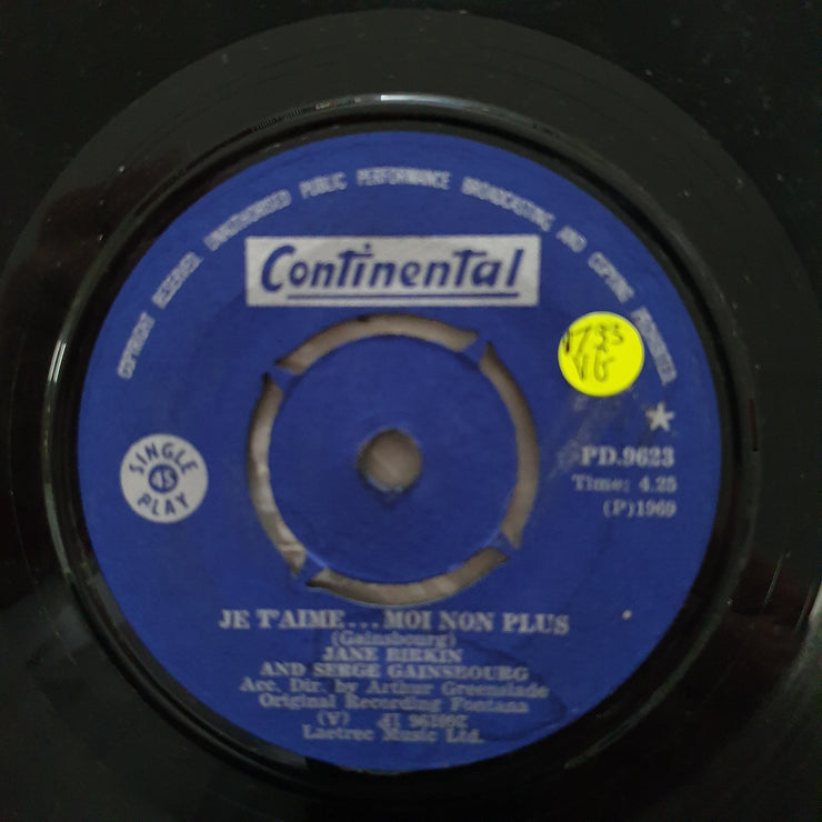 Jane Birkin And Serge Gainsbourg ‎– Je T'aime... Moi Non Plus - Vinyl 7" Record - Opened  - Very-Good Quality (VG) - C-Plan Audio