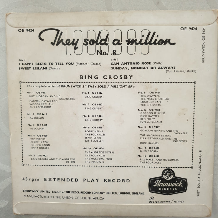 Bing Crosby ‎– They Sold A Million - No.8 - Vinyl 7" Record - Very-Good- Quality (VG-) - C-Plan Audio