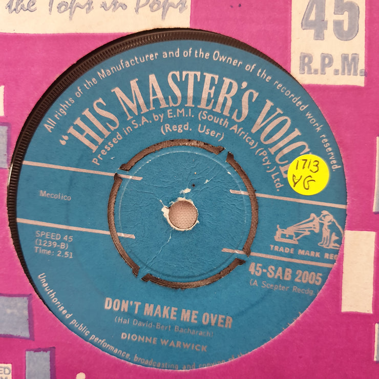 Dionne Warwick - I Smiled Yesterday/ Don't Make Me Over - Vinyl 7" Record - Opened  - Very-Good Quality (VG) - C-Plan Audio