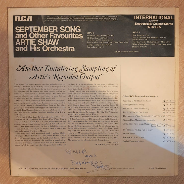 Artie Shaw And His Orchestra ‎– "September Song"  ‎– Vinyl LP Record - Opened  - Very-Good- Quality (VG-) - C-Plan Audio