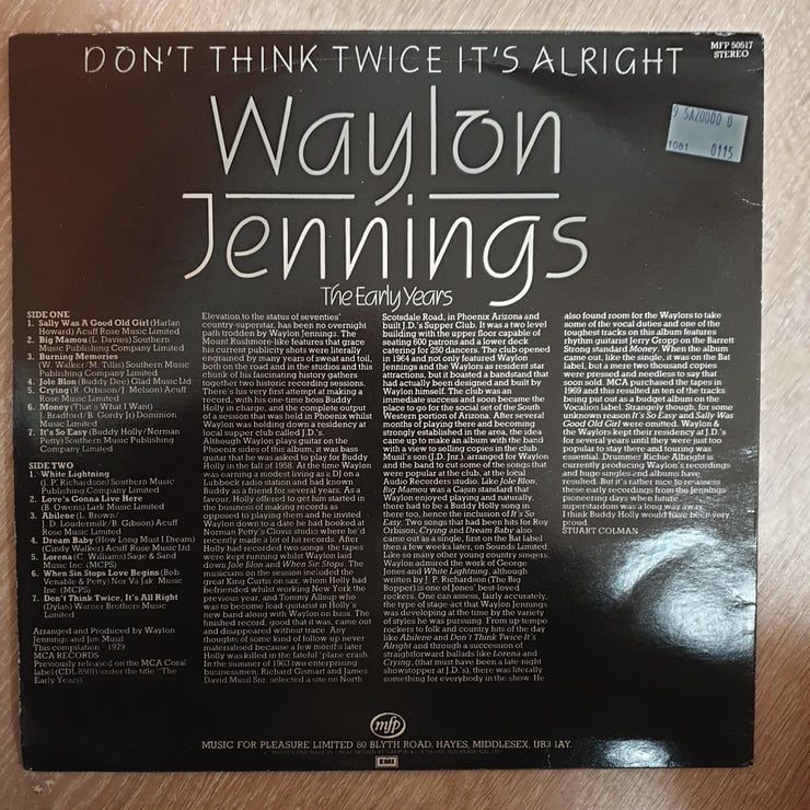 Waylon Jennings ‎– Don't Think Twice -  Vinyl LP Record - Very-Good+ Quality (VG+) - C-Plan Audio