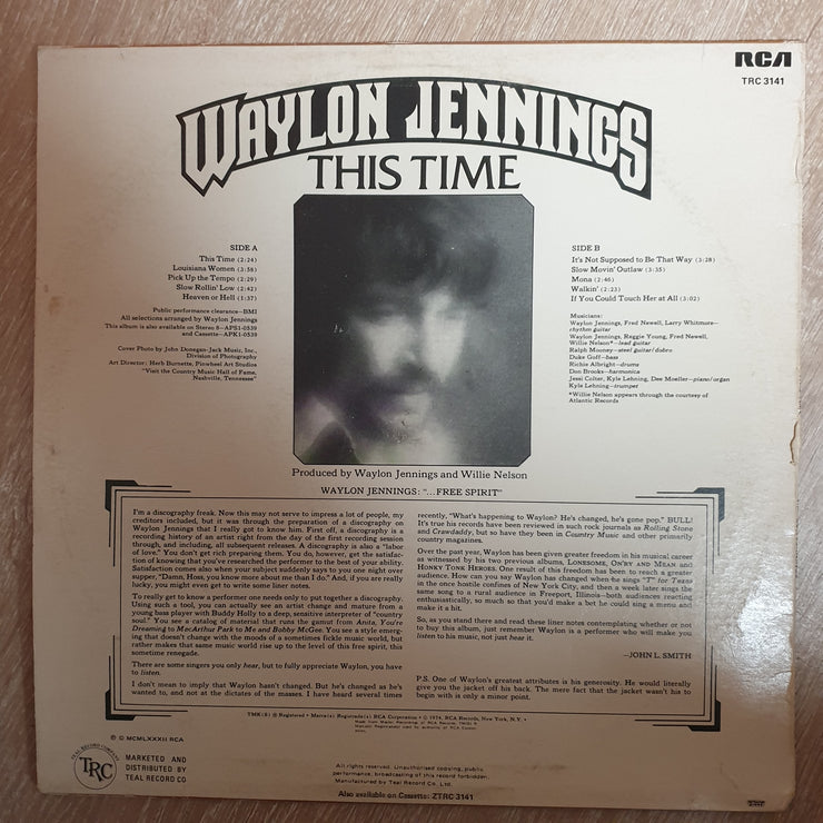 Waylon Jennings ‎– This Time -  Vinyl LP Record - Very-Good+ Quality (VG+) - C-Plan Audio