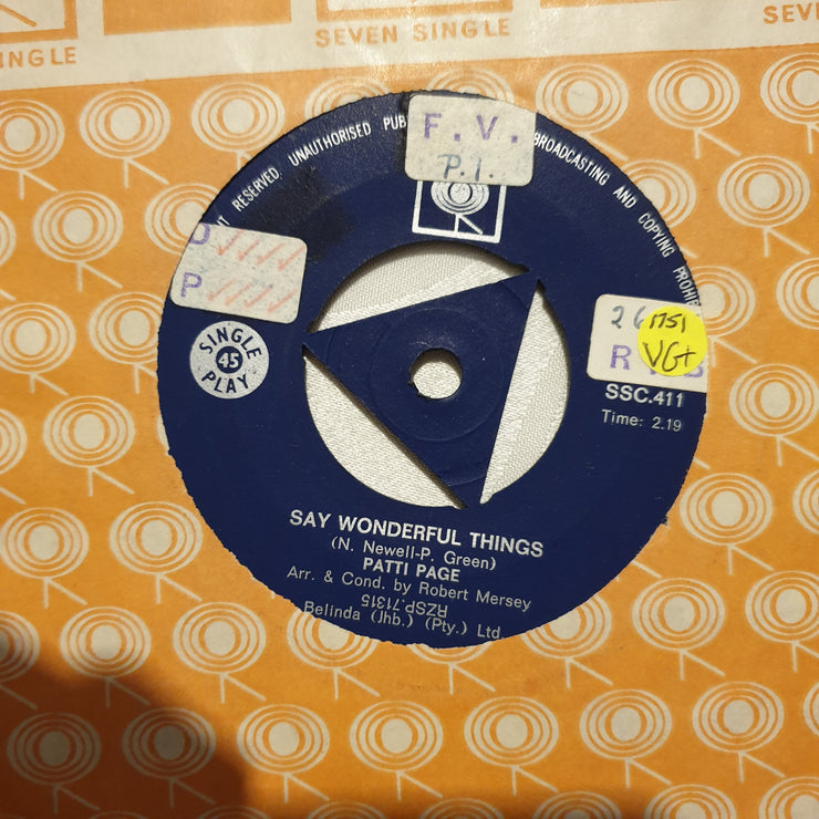 Patti Page ‎– Say Wonderful Things - Vinyl 7" Record - Very-Good+ Quality (VG+) - C-Plan Audio