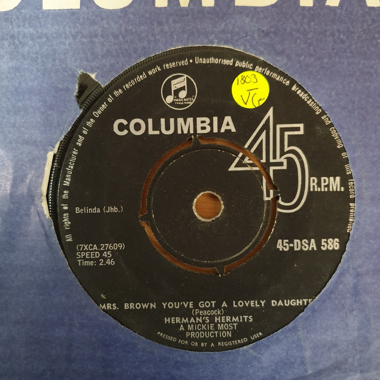Herman's Hermits ‎– Mrs. Brown You've Got A Lovely Daughter / Show Me Girl - Vinyl 7" Record - Very-Good- Quality (VG-) - C-Plan Audio