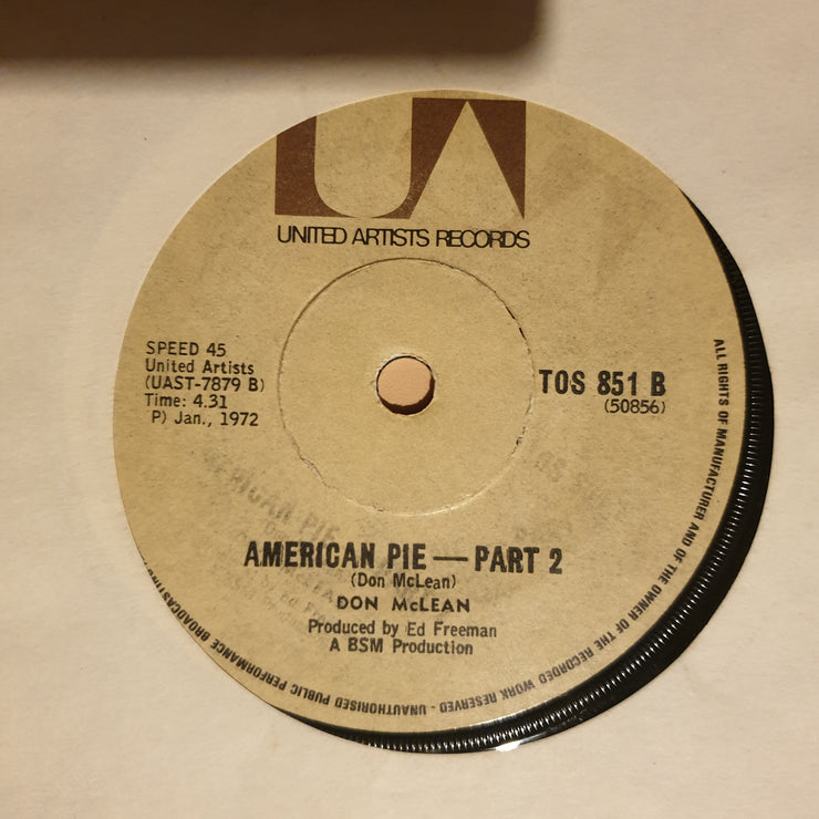 Don McLean ‎– American Pie - Vinyl 7" Record - Opened  - Very-Good Quality (VG) - C-Plan Audio
