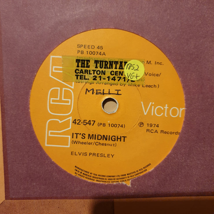Elvis Presley ‎– It's Midnight / Promised Land  - Vinyl 7" Record - Very-Good+ Quality (VG+) - C-Plan Audio