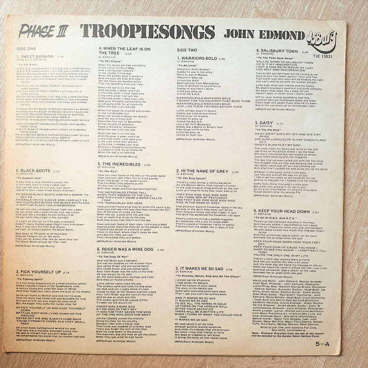 John Edmond ‎– Troopiesongs - Phase III‎ – Vinyl LP Record - Very-Good+ Quality (VG+) - C-Plan Audio