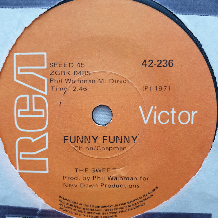 The Sweet ‎– Funny Funny - Vinyl 7" Record - Opened  - Very-Good Quality (VG) - C-Plan Audio