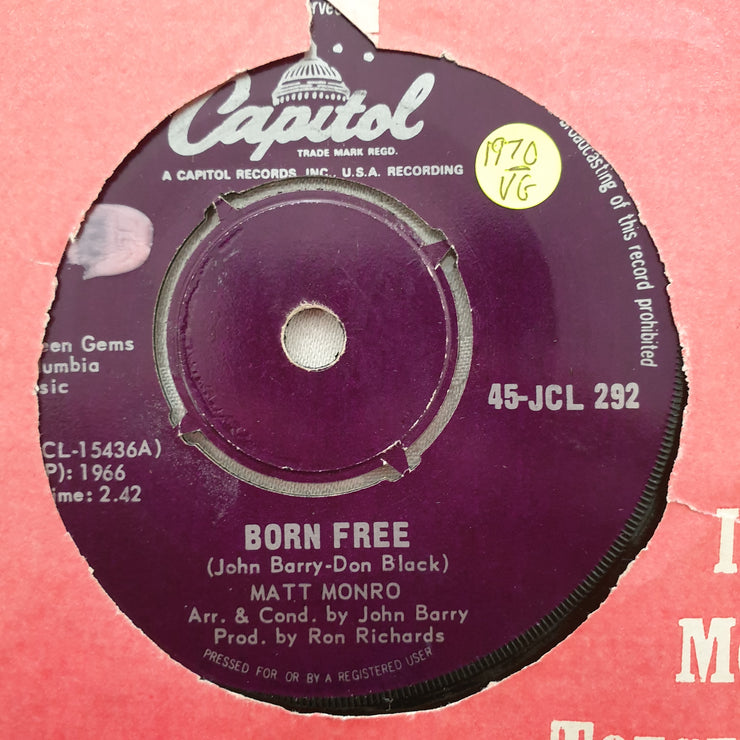 Matt Monro ‎– Born Free - Vinyl 7" Record - Opened  - Very-Good- Quality (VG-) - C-Plan Audio