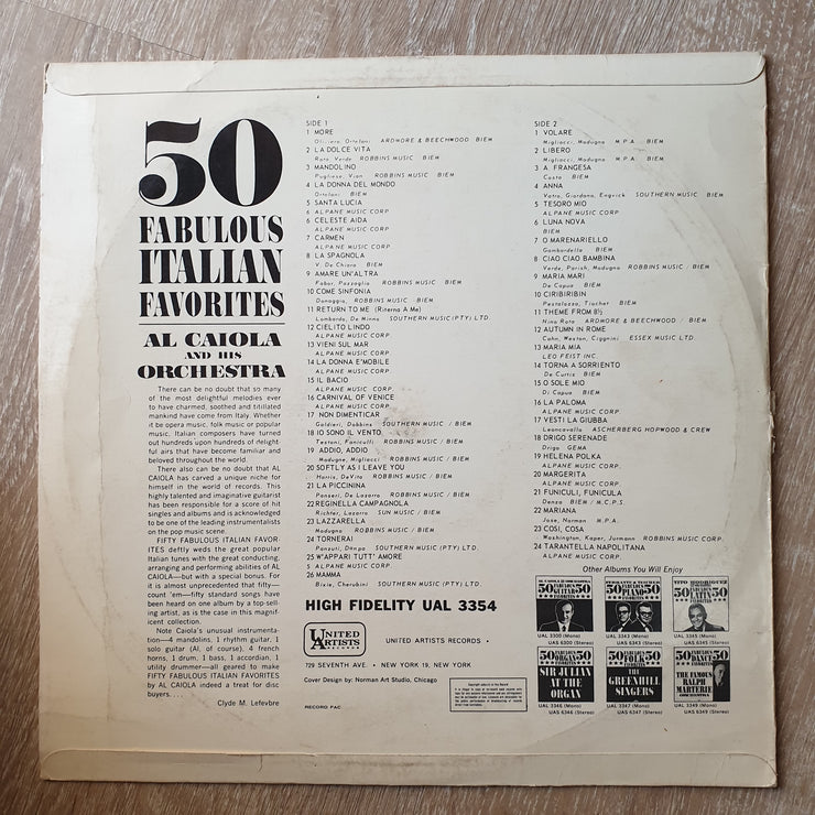 Al Caiola And His Orchestra ‎– 50 Fabulous Italian Favorites - Vinyl LP Record - Opened  - Very-Good- Quality (VG-) - C-Plan Audio