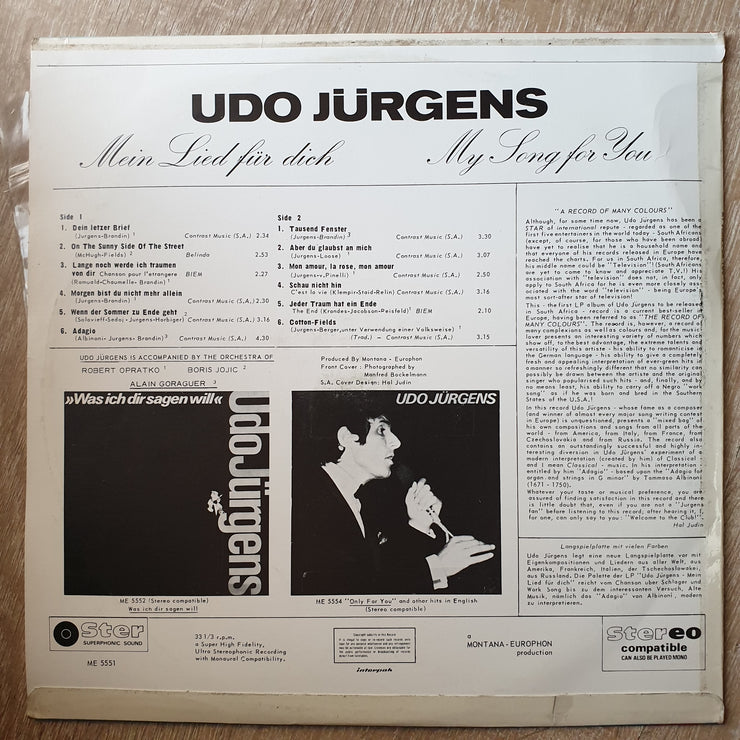 Udo Jürgens ‎– Mein Lied Für Dich - Vinyl LP Record - Very-Good+ Quality (VG+) - C-Plan Audio