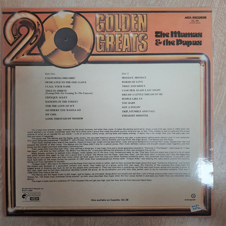The Mamas & The Papas- 20 Golden Greats - Vinyl LP Record - Very-Good+ Quality (VG+) - C-Plan Audio