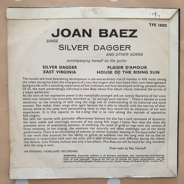 Joan Baez ‎– Joan Baez Sings Silver Dagger & Other Songs - Vinyl 7" Record - Very-Good+ Quality (VG+) - C-Plan Audio