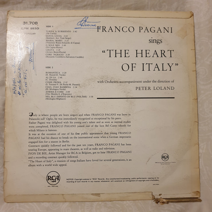 Franco Pagani ‎– The Heart Of Italy - Vinyl LP Record - Good+ Quality (G+) - C-Plan Audio