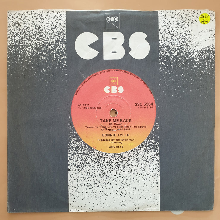 Bonnie Tyler - Take Me Back  - Vinyl 7" Record - Very-Good+ Quality (VG+) - C-Plan Audio