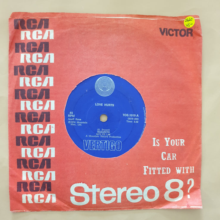 Nazareth ‎– Love Hurts - Vinyl 7" Record - Very-Good- Quality (VG-) - C-Plan Audio