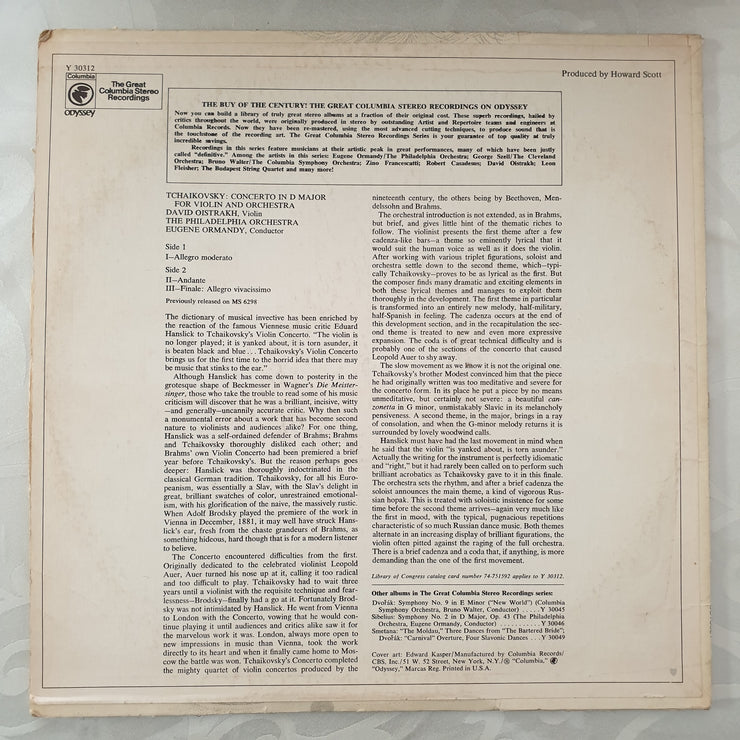 Tchaikovsky – David Oistrakh, Eugene Ormandy, The Philadelphia Orchestra ‎– Violin Concerto -  Vinyl LP Record - Very-Good+ Quality (VG+) - C-Plan Audio