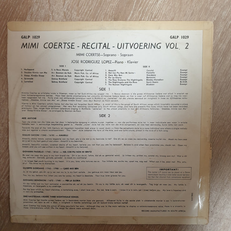 Mimi Coertse - Recital Vol II - Vinyl LP Record - Very-Good Quality (VG) - C-Plan Audio