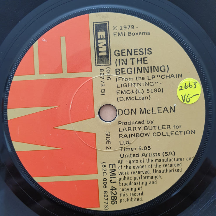 Don McLean ‎– Crying - Vinyl 7" Record - Very-Good- Quality (VG-) - C-Plan Audio